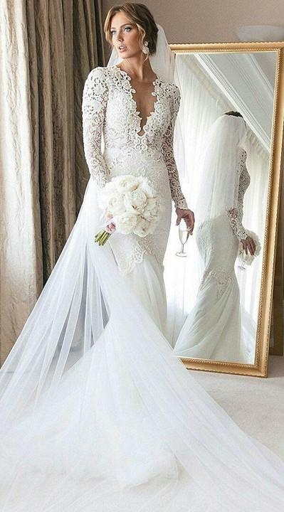 Chic Spring Mermaid Wedding Dress Sexy Deep V Neck Lace Applique Long Sleeves Sweep Train Tulle Bridal Gowns Plus Size Wedding Dresses