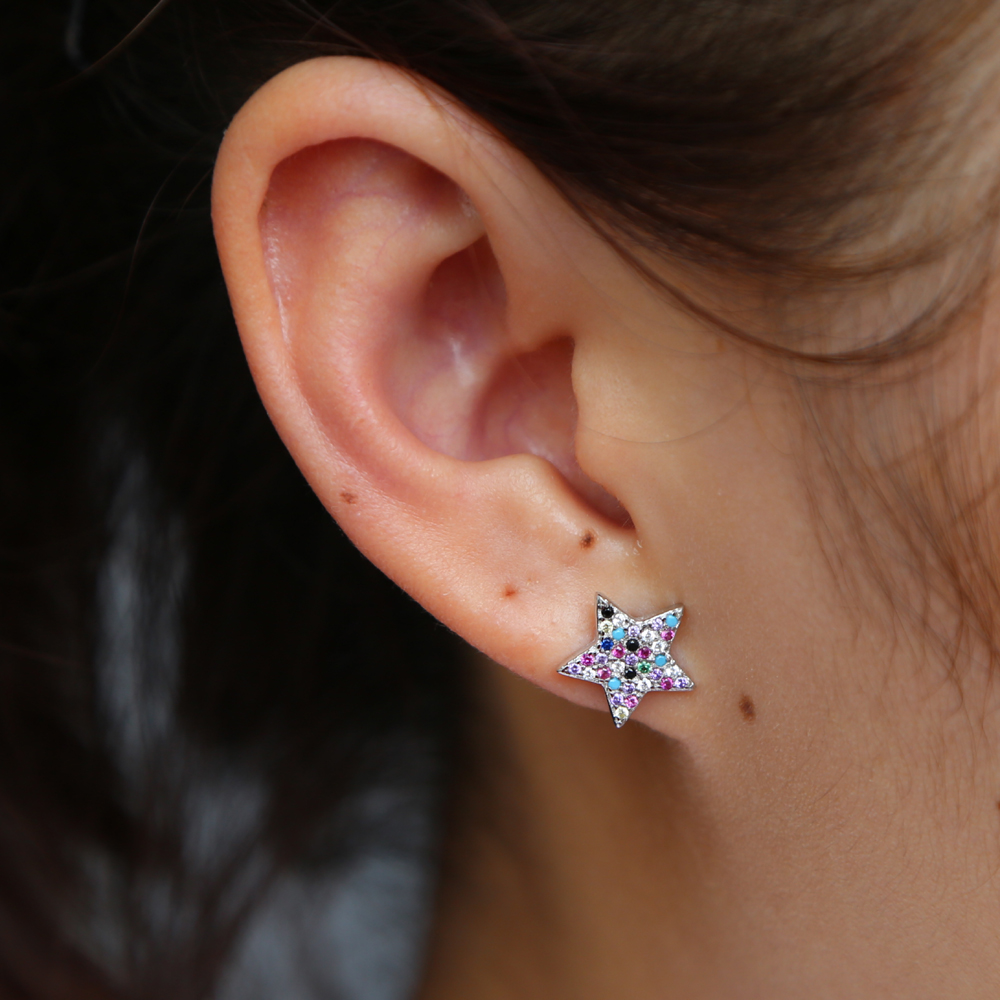 100% 925 sterling silver jewelry lovely cz star stud rainbow color mix colorful cz stone star earring for 2018 Christmas gift
