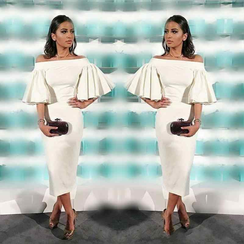 Tea Length white Cocktail Dresses 2019 Sheath elegant bateau neck ruffles Short sleeves arabic Formal evening prom party Gowns for Women, Red 
Tea Length white Cocktail Dresses 2019 Sheath elegant bateau neck ruffles Short sleeves arabic Formal evening prom party Gowns for Women, Red