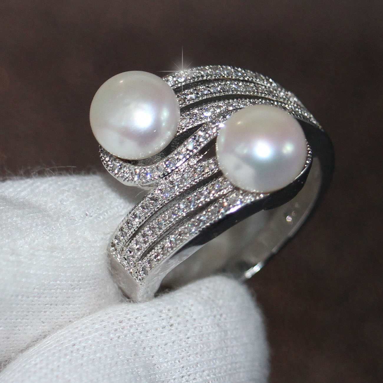 2018 New Arrival Top Selling Luxury Jewelry 925 Sterling Silver Two Pearl Pave CZ Diamond Party Office Women Band Ring For Lovers' Gift
