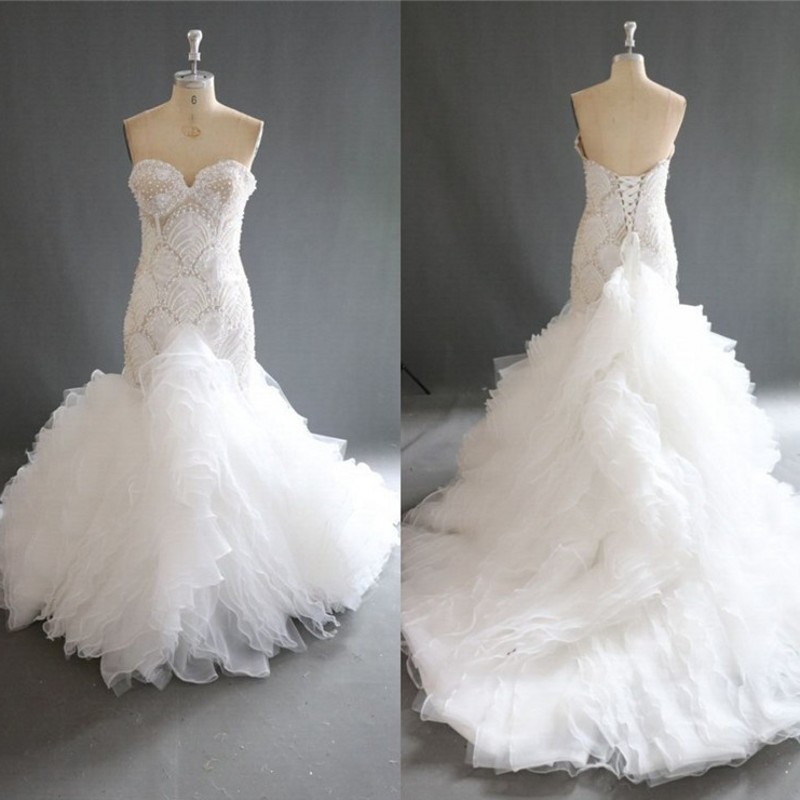 Amazing Mermaid Wedding Dresses 2018 Summer Beaded Sweetheart Bridal Gowns Lace Up Back Tiered Sweep Train Wedding Vestidos 100% Real Work, White
Amazing Mermaid Wedding Dresses 2018 Summer Beaded Sweetheart Bridal Gowns Lace Up Back Tiered Sweep Train Wedding Vestidos 100% Real Work, White