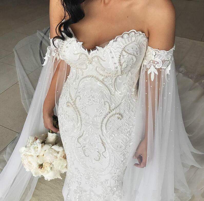 Exquisite Pearls Lace Mermaid Wedding Dresses With Cape Plus Size Garden Country Applique Bridal Gown Train Church Bride Dress Custom Made