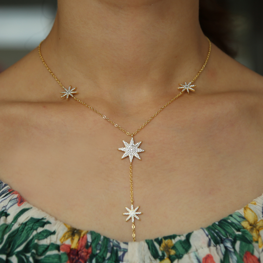 micro pave cz sparking star north star charm long women chain necklace Y lariat summer sexy women fashion star design jewelry