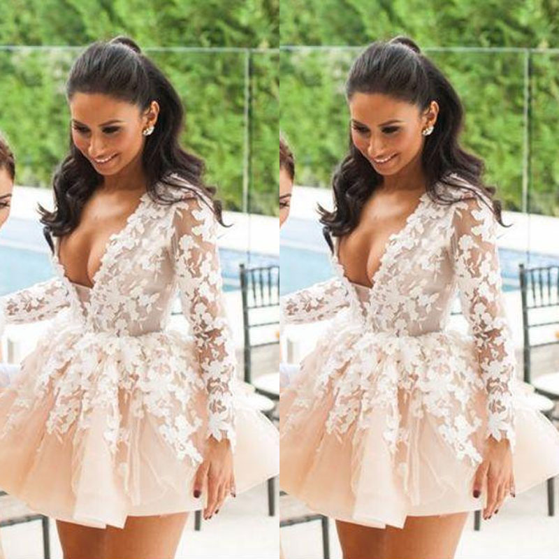 sale v neck mini homecoming dresses long sleeve lace appliqued cheap party evening prom dress short formal gowns