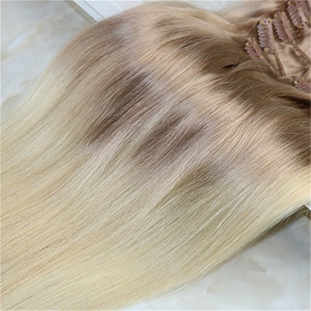 Remy Human Hair Clip in Weft Hair Extensions #18 Ash Blonde to #613 Blonde Ombre Clip on Extensions 7Pcs 120g