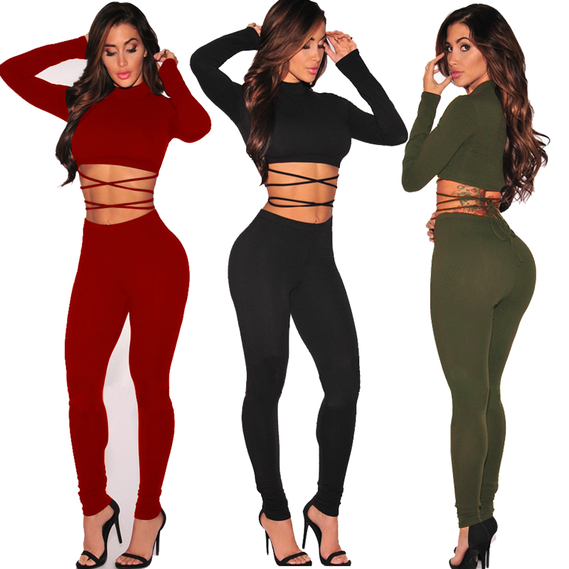 Brand womens jumpsuit Lace Up Black Bodysuit 2 piece set Bodycon Bandage Jumpsuits Autumn Spring Cotton Body Suit Overalls 9096