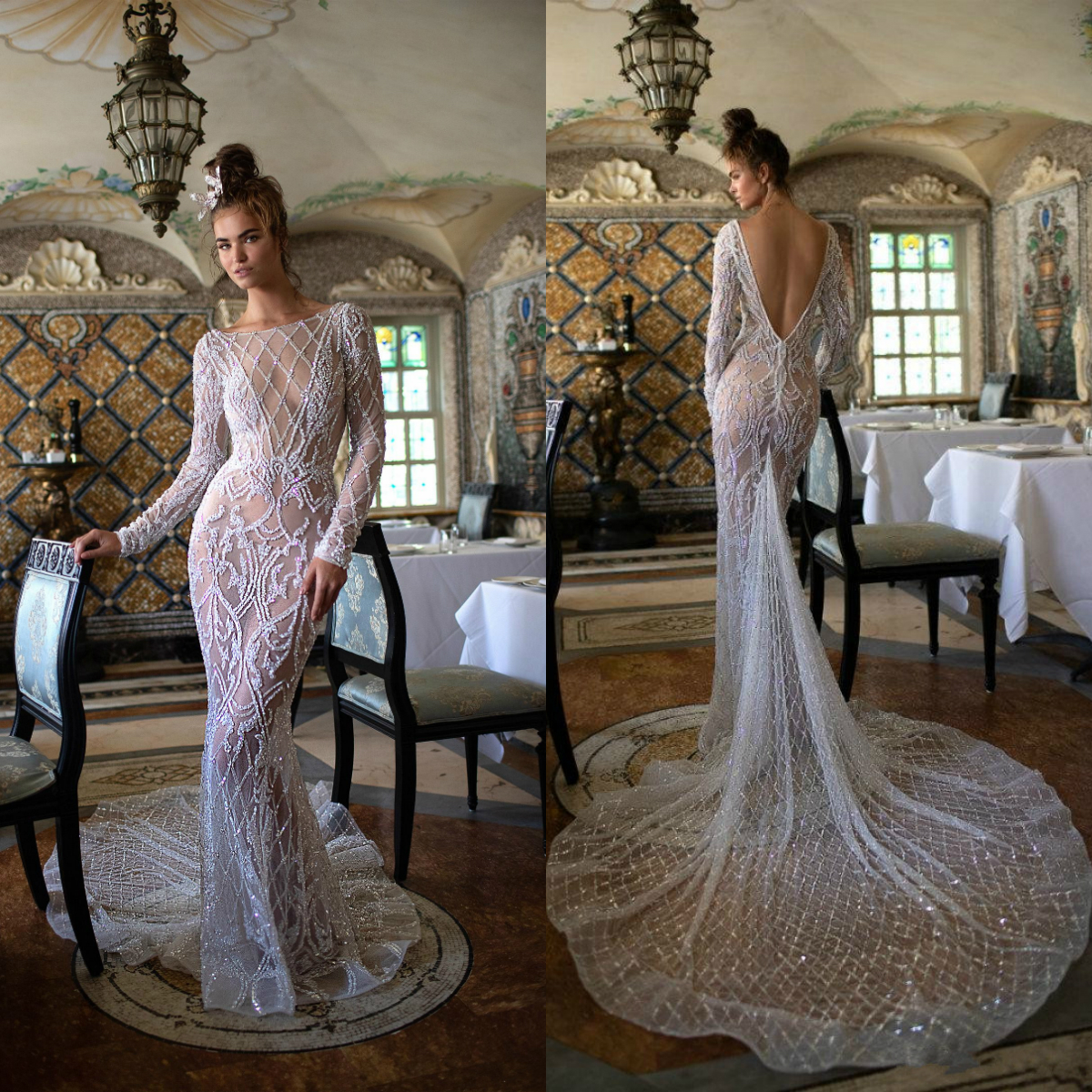 2019 Berta Mermaid Wedding Dresses Illusion Sequins Beaded Long Sleeve Backless Bridal Gowns robe de mariée soirée