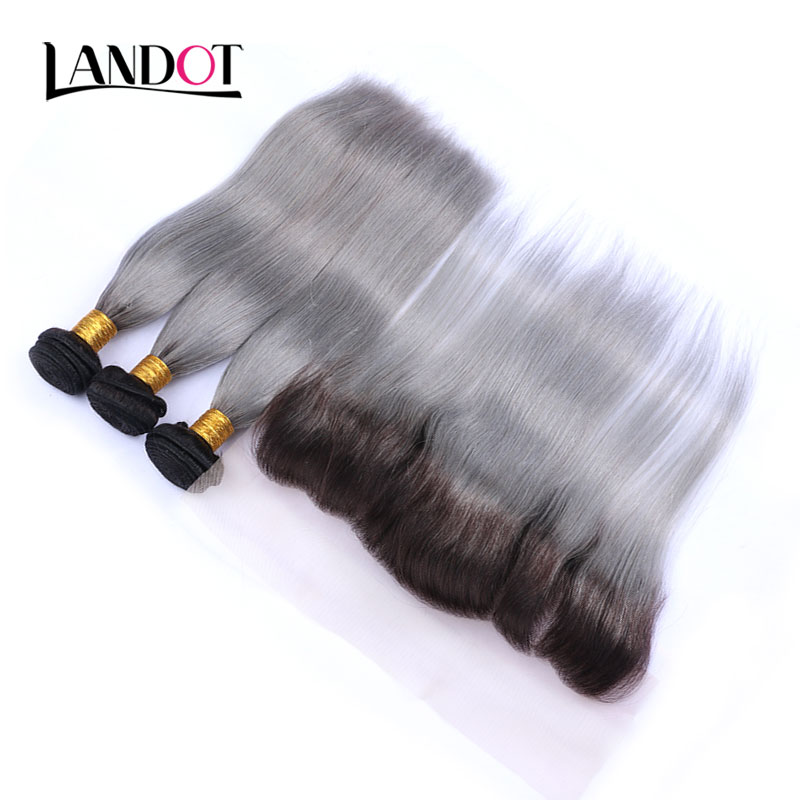 9A Ombre Grey Brazilian Straight Virgin Hair Weaves 3 Bundles With Lace Frontal Closures Ombre 1B/Grey Peruvian Malaysian Indian Human Hair