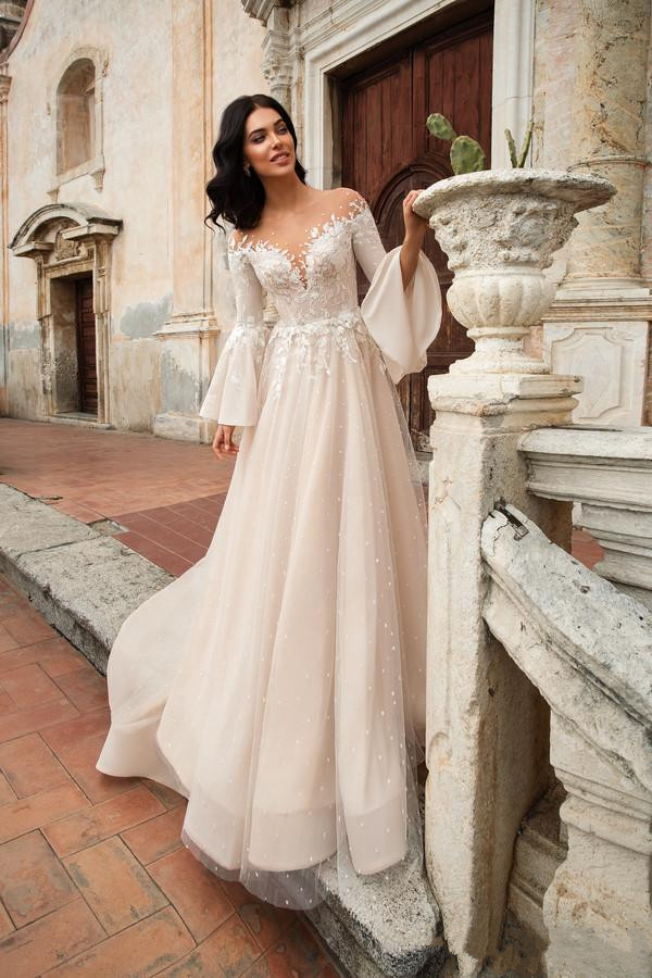 crystal desing beach a line wedding dresses lace applique long sleeve boho bridal dress blush pink tulle sweep train wedding gowns