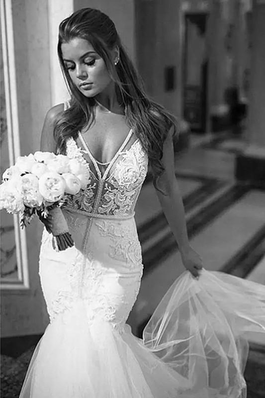 Sexy Mermaid Wedding Dresses V Neck Lace Appliques Backless Sweep Train Boho Wedding Dress Sweep Train Beaded Plus Size Bridal Gowns