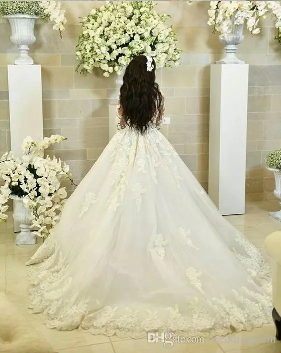 Princess Lace Ball Gown Wedding Dresses Long Sleeve Sheer Jewel Neck Lace Bridal Gowns Court Train Appliqued Plus Size Vestidos De Novia