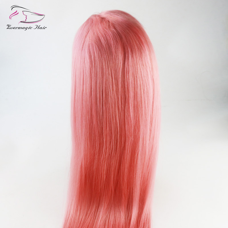 Evermagic Brazilian human hair full lace wigs light baby pink color straight silk base wig hair