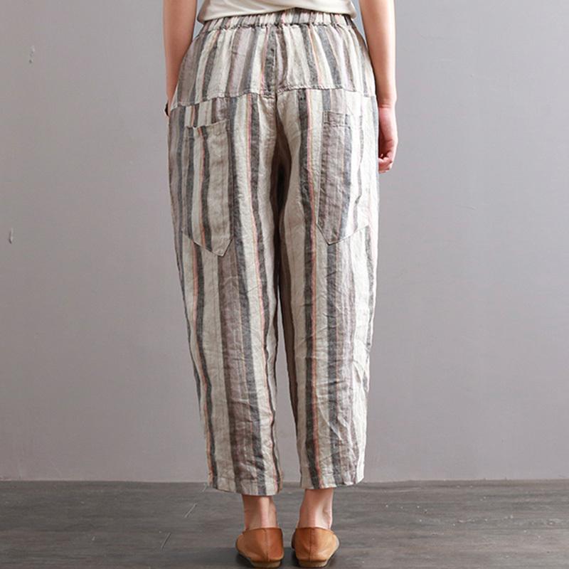 ZANZEA 2018 Women Elastic Waist Striped Casual Cotton Linen Retro Long Harem Pants Loose Pockets Pantalon Trousers Plus Size C18110901