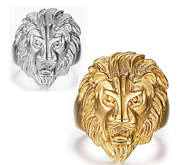 fashion Rock roll Hip-hop Ornaments Overbearing Lion's head Titanium steel Stainless steel Punk Man Gold Ring White Gold Ring size Us 6-14