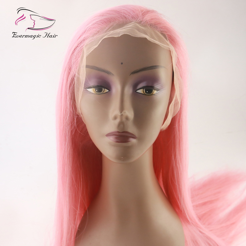 Evermagic Brazilian human hair full lace wigs light baby pink color straight silk base wig hair