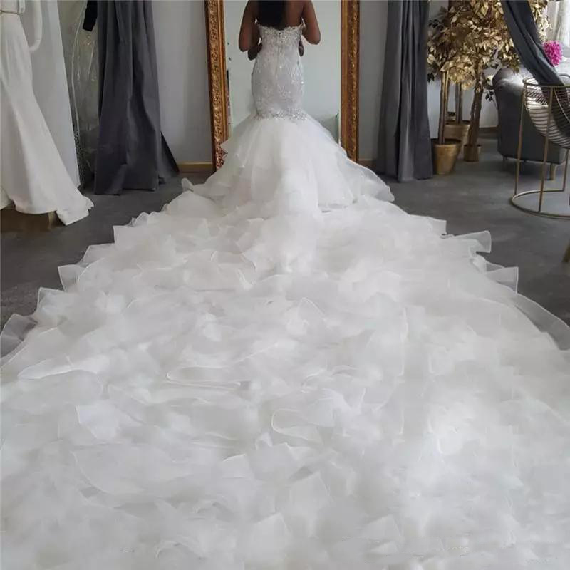 Sexy Sweetheart Dresses Mermaid Lace Sequined Crystals Bridal Gown Plus Size Ruffles Arabic African Wedding Dress 0521