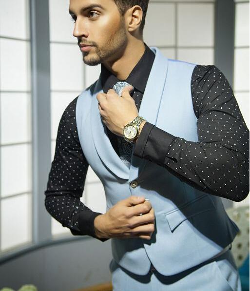 New Style Powder Blue 3 Piece Suit Men Wedding Tuxedos Notch Lapel Slim Fit Groom Tuxedos Men Dinner Prom Blazer(Jacket+Pants+ Tie+Vest)1255