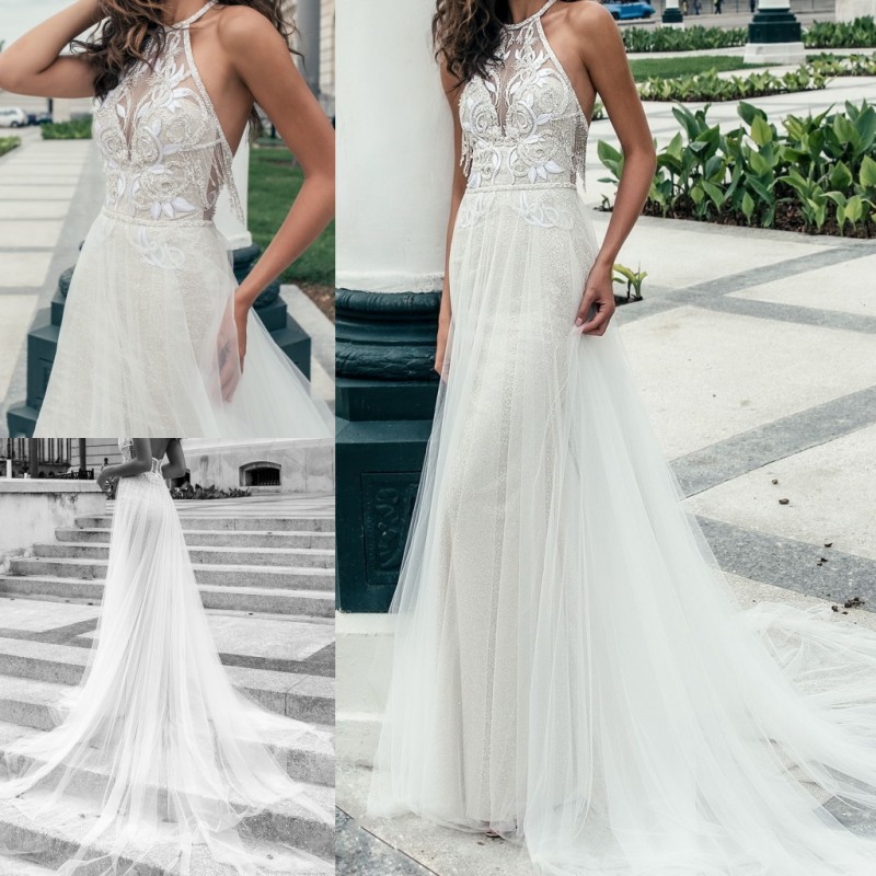 Julie Vino Beach Wedding Dresses Backless Halter Neck Illusion Lace Applique Boho Wedding Gowns Sweep Train Tulle Bridal Dress, Red
Julie Vino Beach Wedding Dresses Backless Halter Neck Illusion Lace Applique Boho Wedding Gowns Sweep Train Tulle Bridal Dress, Red