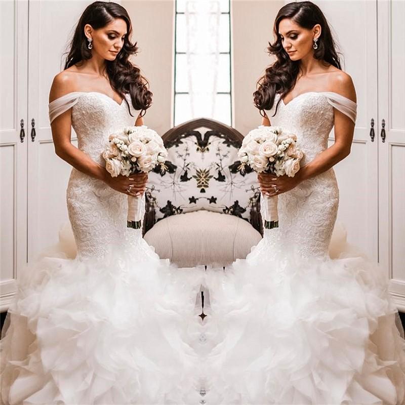Fabulous Layers Ruffles Wave Mermaid Dresses Bridal Gowns Sheer Off Shoulder Applique Ruched Long Wedding Dress Custom Made