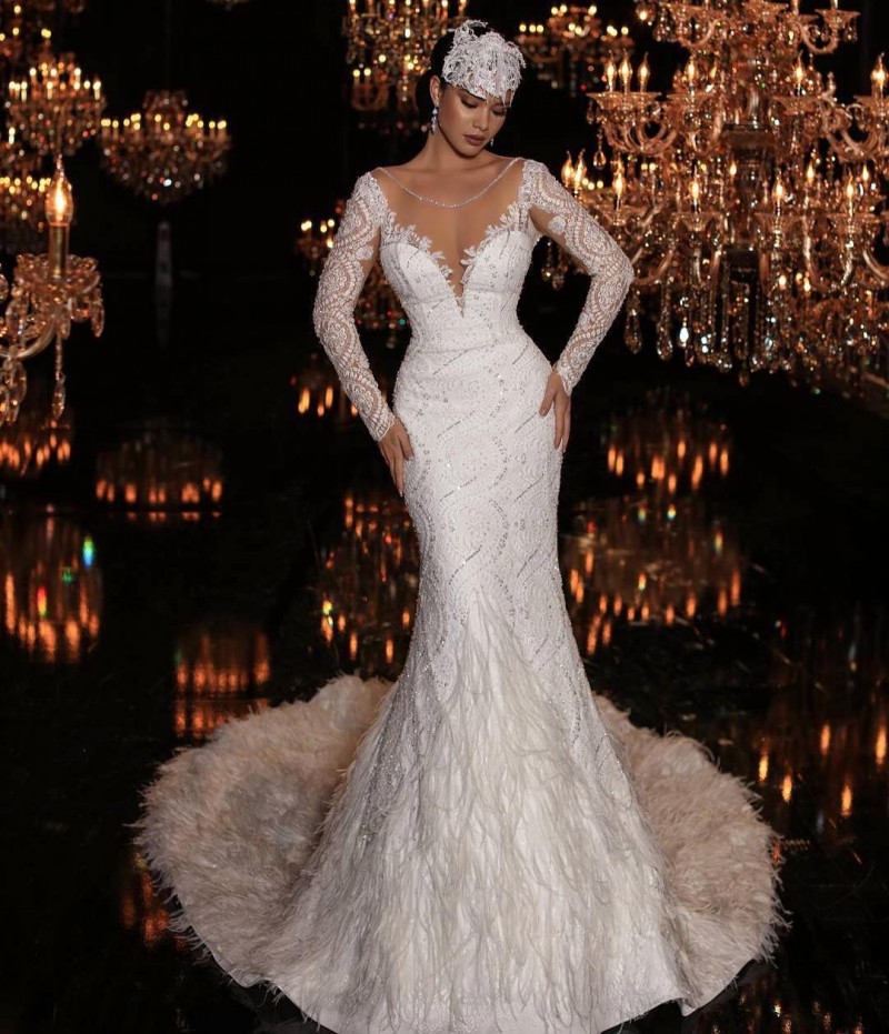 Luxury Ostrich Feather Sexy Mermaid Wedding Dresses Long Sleeves Deep V Neck Backless Sequins Bridal Gowns Sweep Train Wedding Dress