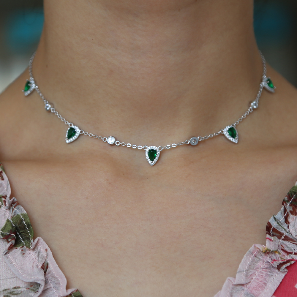 35+10cm choker silver plated women necklace fashion jewelry water drop charm Green emerald clear cz stone paved Gorgeous women jewelry