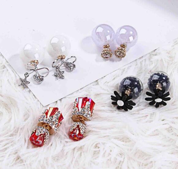 Fashion jewelry mix 20 style 20Pairs/lot delicate Crystal Pearl Double sided Earrings Opal gemstone screw Earrings Fit girl Madam