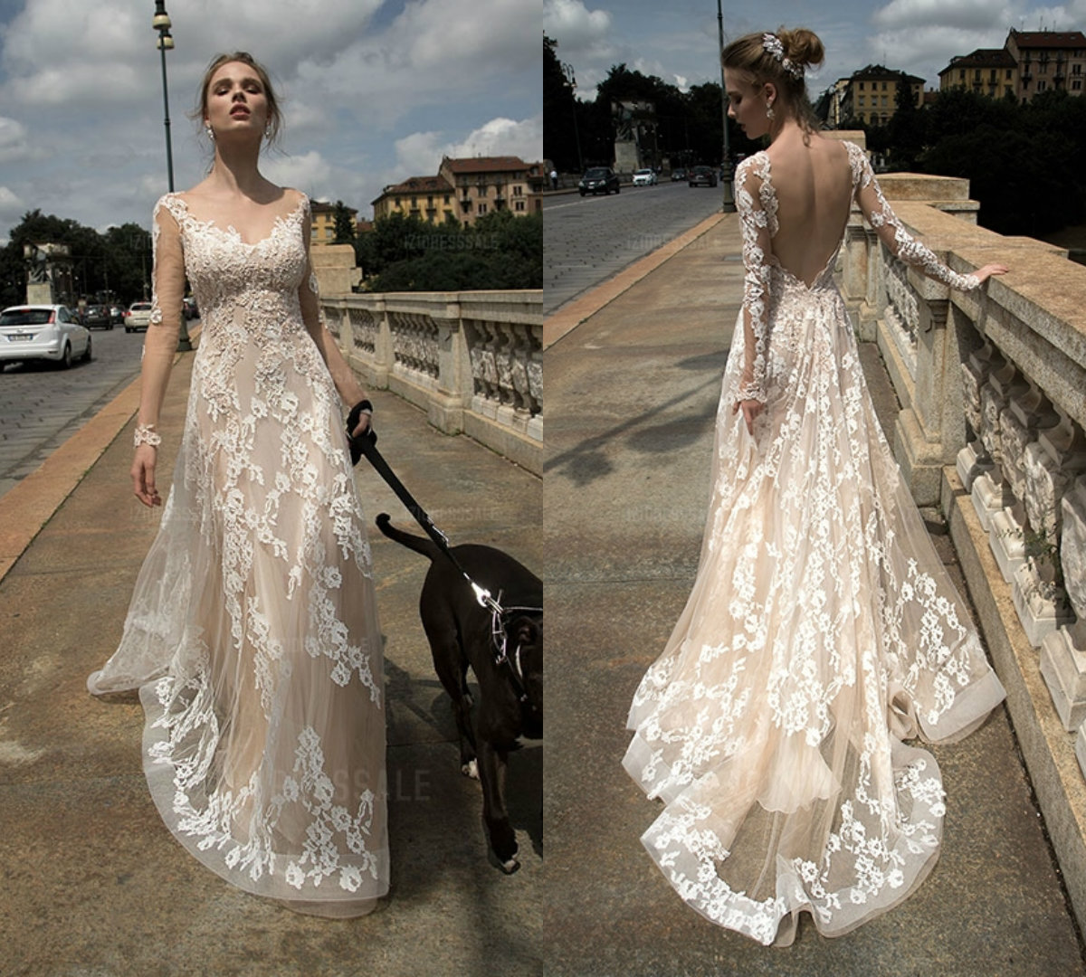 A Line Boho Wedding Dresses Jewel Neck Long Sleeve Illusion Backless Sweep Train Beach Bridal Gowns Cheap Champagne Wedding Dress Custom