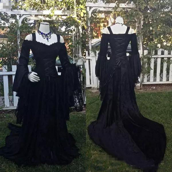 Vintage Black Gothic Lace Wedding Dresses A Line Medieval Off the Shoulder Straps Long Sleeves Corset Bridal Gowns Victorian Dresses, Red 
Vintage Black Gothic Lace Wedding Dresses A Line Medieval Off the Shoulder Straps Long Sleeves Corset Bridal Gowns Victorian Dresses, Red