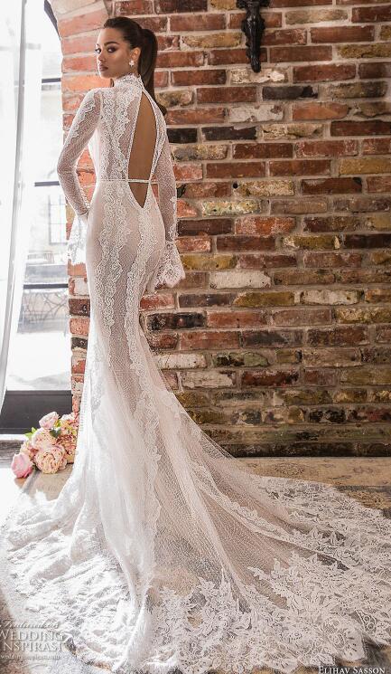 Elihav Sasson 2019 Mermaid Wedding Dress Long Sleeve High Neck Backless Lace Bridal Gowns Side Slit Custom Beach Wedding Gowns