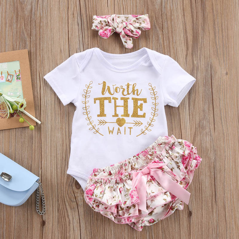 

Infant Baby Girls rompers Letter Print Worth THE WAIT Romper + Ruffled Pants + Headband 3PCS Jumpsuit for 0-2T, As pic