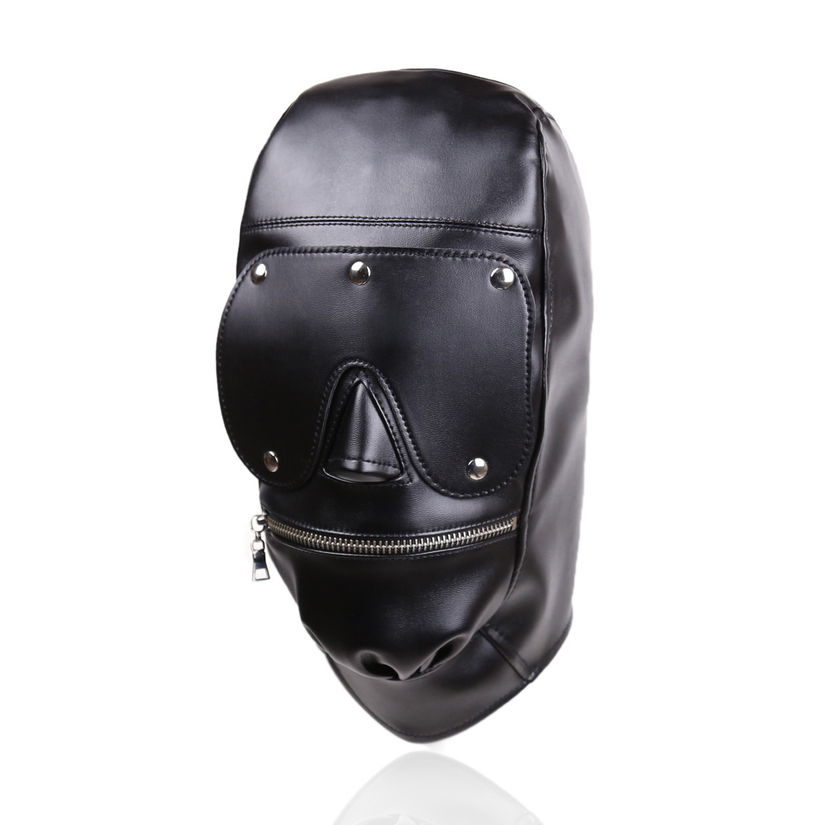 Nouveau design Bondage Gear Hood Museau Harnais avec coussinet pour les yeux détachable Masque en cuir noir avec fermeture à glissière à la bouch