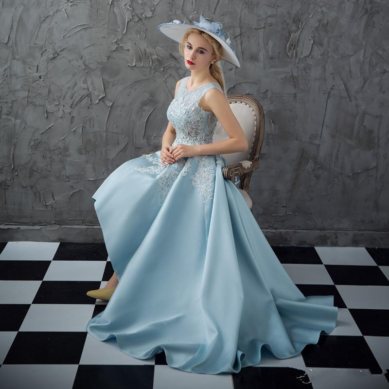 Light Sky Blue Short Front Long Back Prom Dresses Applique Lace High Low Evening Formal Dress Lebanon Satin Party Dress