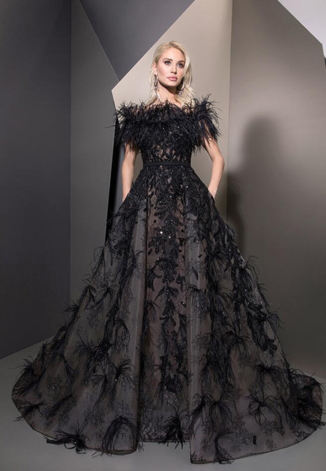 Ziad Nakad 2018 Luxury Black Prom Dress Feathers Off Shoulder Lace Applique Beads Custom Made Evening Dresses
