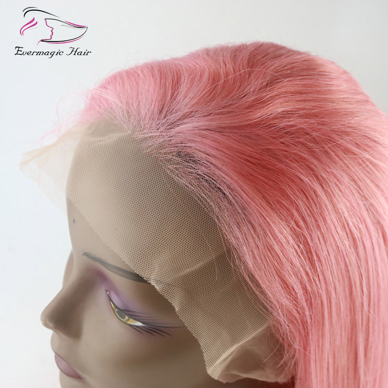 Evermagic Brazilian human hair full lace wigs light baby pink color straight silk base wig hair