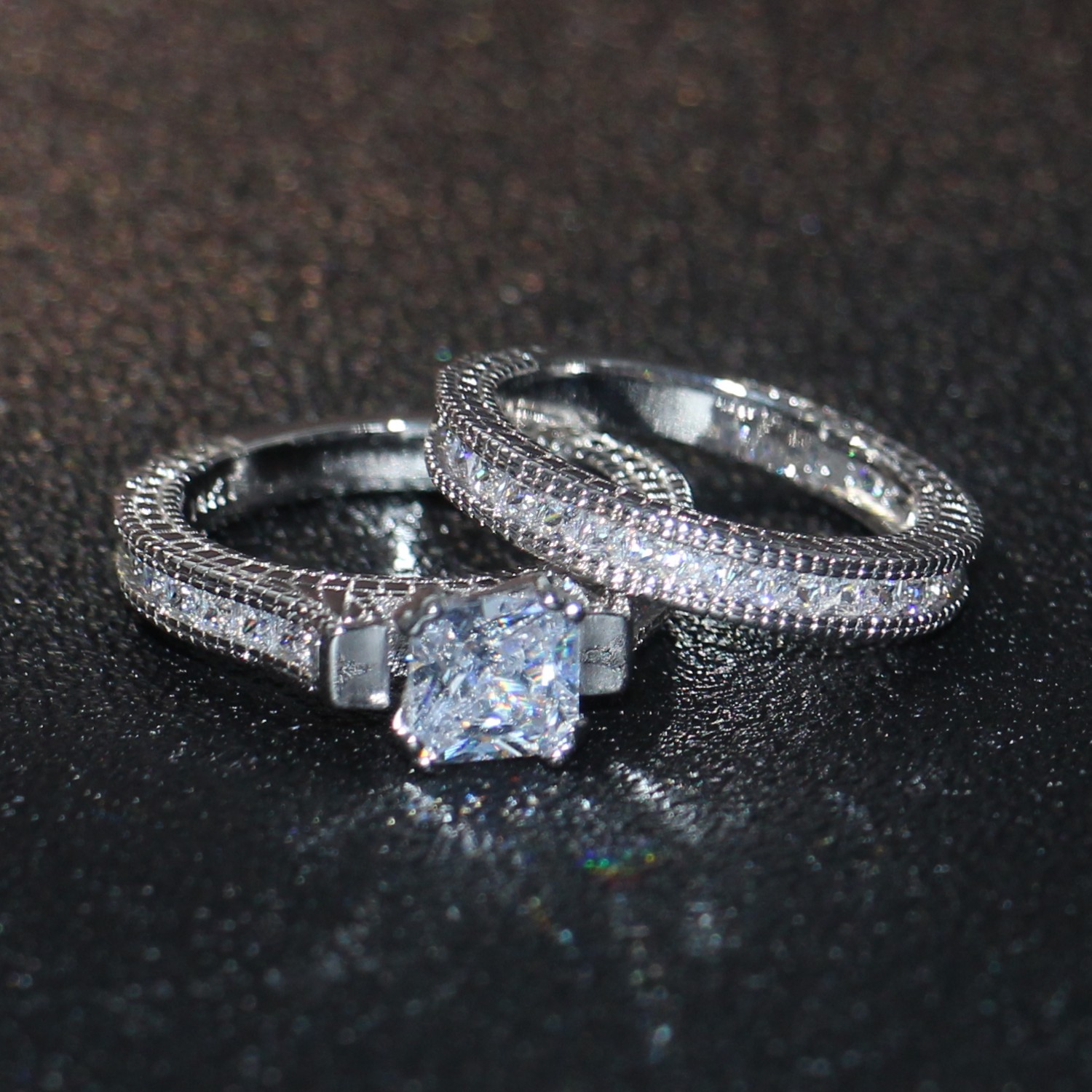 Victoria Wieck Hot Top Selling New Arrival Vintage Fashion Jewelry 14KT White Gold Filled Princess Cut Topaz Gemstones Women Bridal Ring Set