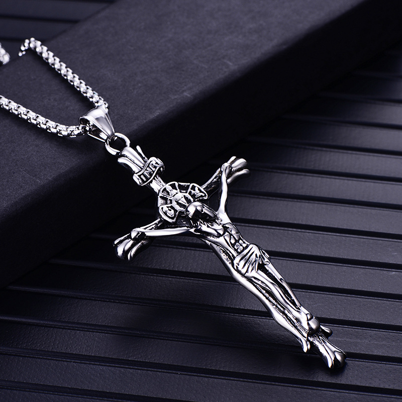 Mens Retro Jesus Cross Pendant Necklace Stainless Steel Gold Plated Fashion Jewelry Gift Non-fading Not Sensitive