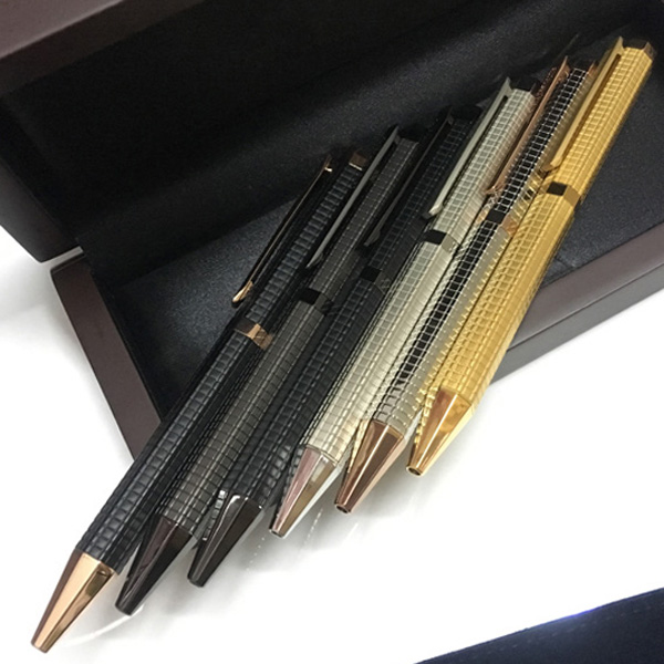 wholesale Fashion Gift Metal Hexagonal grid checkered red wood box Classical Ballpoint Pen for writing