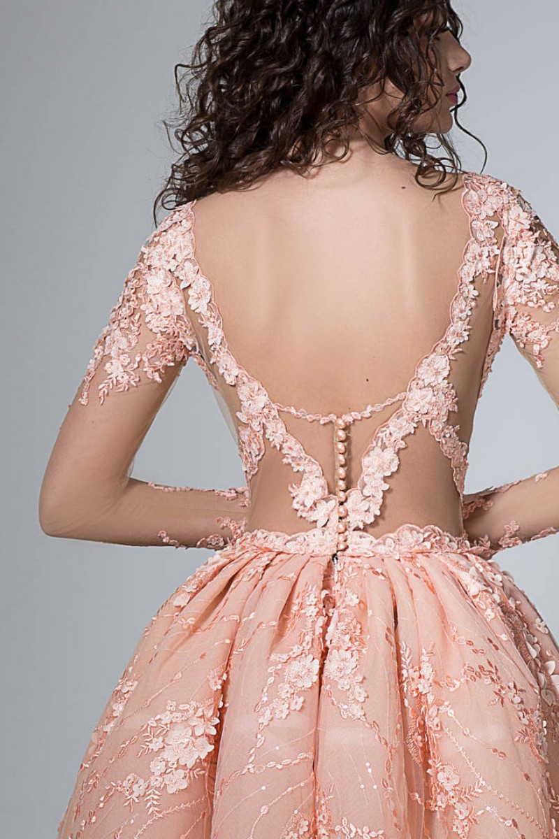 Newest Hi Lo Short Prom Dress Sheer Jewel Neck Long Sleeve 3D Floral Appliques Elegant Evening Dresses