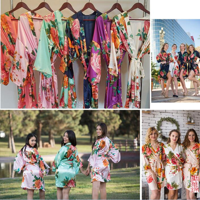 Fashion Silk Satin Short Kimono Robe Wedding Bride Bridesmaid Night Robe Floral Bathrobe Female Dressing Gown For Women