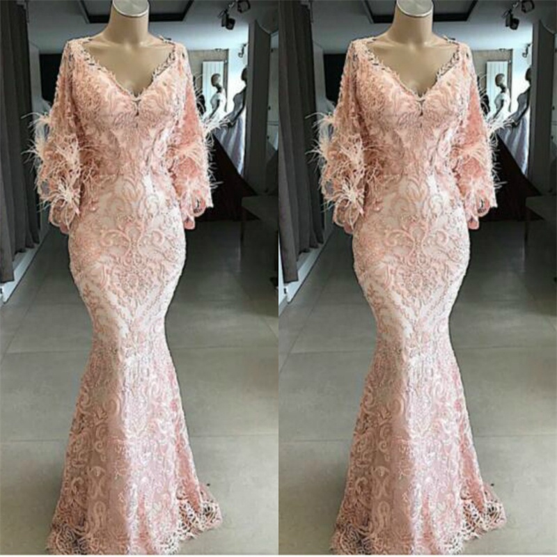 2019 New Pink Feather Mermaid Evening Dresses V Neck Ful Lace Appliqued Long Sleeves Prom Gowns Yousef Aljasmi Formal Dress