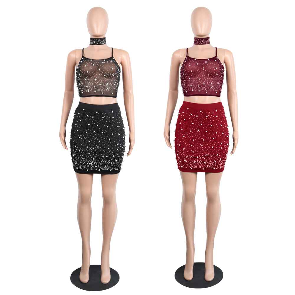 Tsuretobe dresses Off Shoulder Sexy Two Piece Set Women Spaghetti Strap Tops And Fashion Skirts Elegant Beading Party Outfits