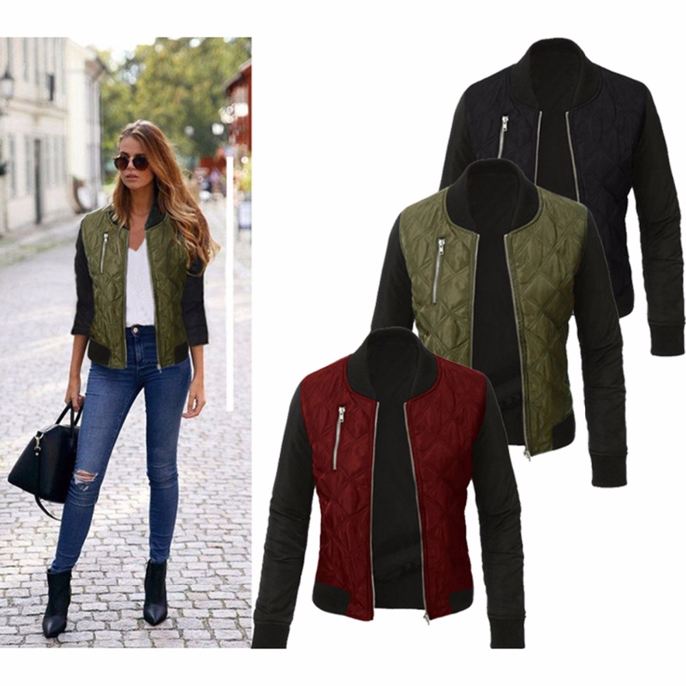 Puseky Fashion Autumn Women Army Green Bomber Jackets Parkas Cool Zipper Down Jacket Coats Streetwear Patchwork Biker Outwear