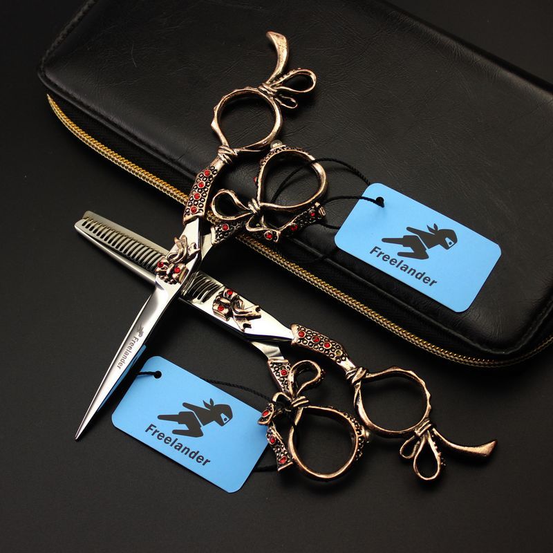 Freelander 6.0 inch 440C TB-66/TB-67 red drilled sunflower/TB-68 Pharaoh crown cutting/thinning scissors with leather case