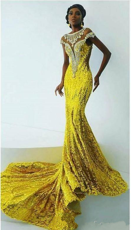 bright yellow sequined mermaid prom dresses for africa women applique beads evening gowns sweep train black girl party dresses
