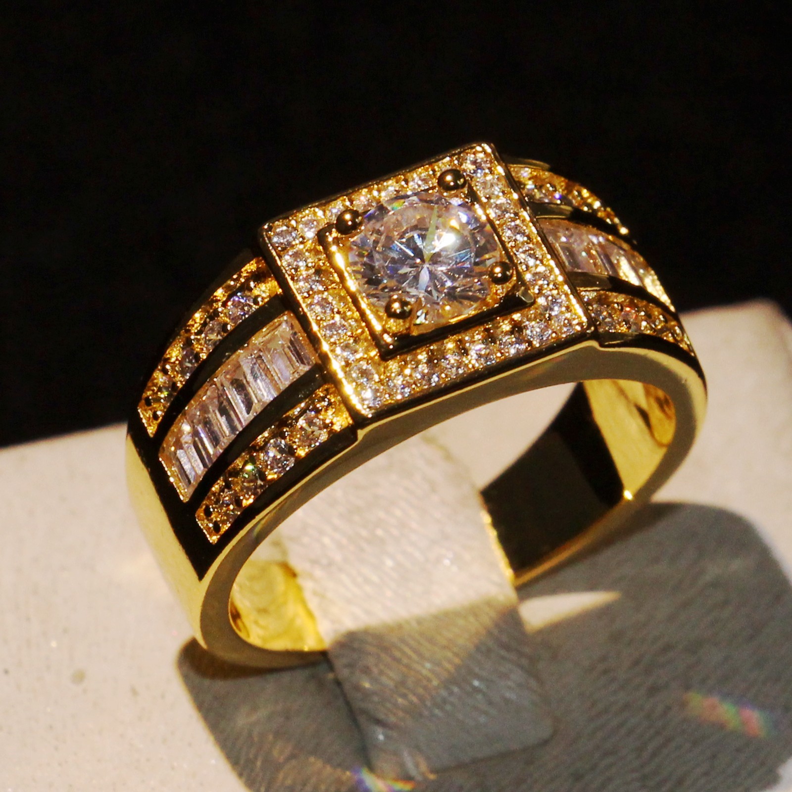Stunning Original Handmade Luxury Jewelry 10KT Yellow Gold Filled Round White Topaz CZ Diamond Gemstones Men Wedding Band Ring For Lovers