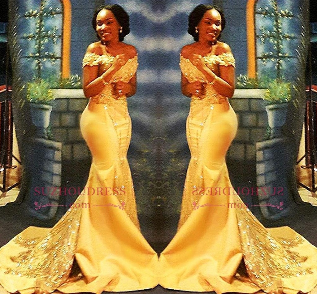 Yellow African Nigerian Mermaid Dresses Off Shoulders Lace Sequined Satin Evening Prom Gowns