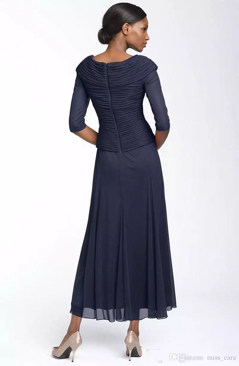 Dark Navy Mother Of The Bride Dresses V Neck Half Sleeve Chiffon Formal Evening Mother Dress Tea length Navy Wedding Guest Gowns
