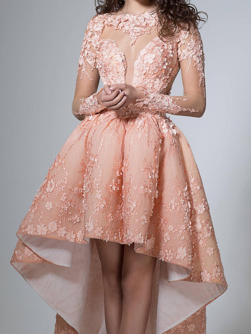 Newest Hi Lo Short Prom Dress Sheer Jewel Neck Long Sleeve 3D Floral Appliques Elegant Evening Dresses