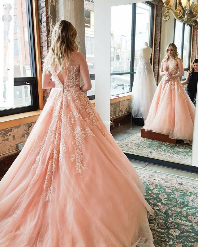 Deep V Neck Blush Pink Country Dresses Tulle Lace Applique Beaded Backless Boho Bridal Gowns A e Bohemian Wedding Dress