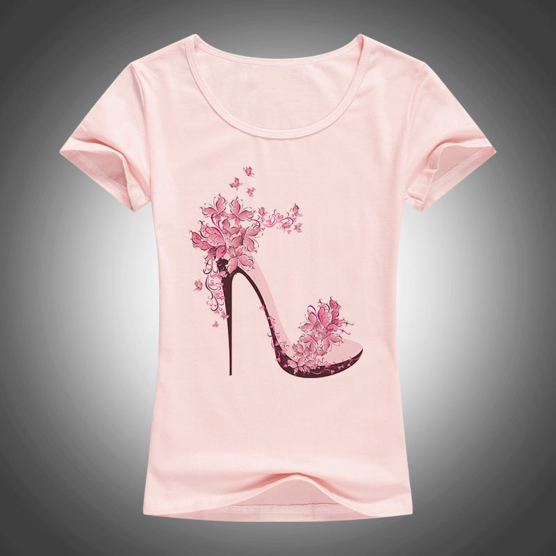 new beautiful High heels printed summer cotton t shirt women tops tees short sleeve fashion Casual T-shirt 1866